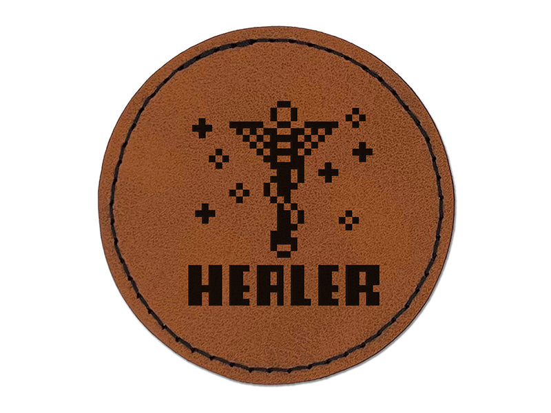 Pixel RPG Healer Staff Gaming Round Iron-On Engraved Faux Leather Patch Applique - 2.5"