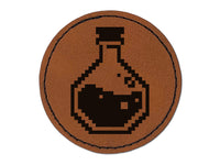 Pixel RPG Potion Health Mana Bottle Round Iron-On Engraved Faux Leather Patch Applique - 2.5"