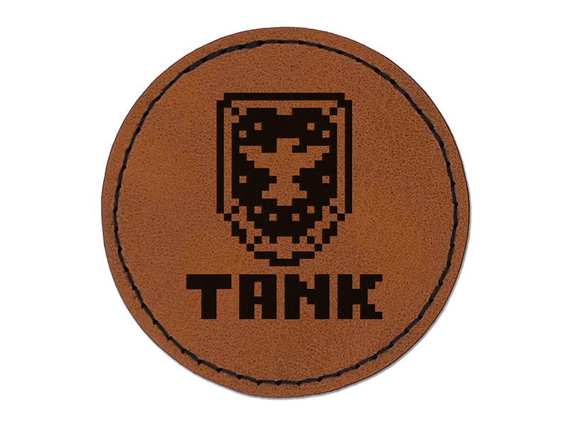 Pixel RPG Tank Warrior Shield Round Iron-On Engraved Faux Leather Patch Applique - 2.5"