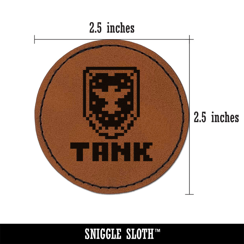 Pixel RPG Tank Warrior Shield Round Iron-On Engraved Faux Leather Patch Applique - 2.5"