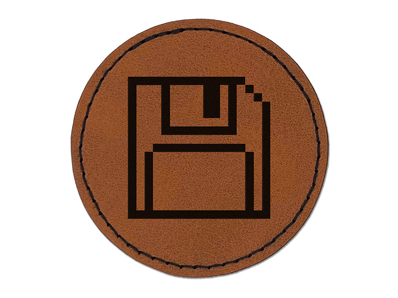 Pixel Save Floppy Disk Icon Round Iron-On Engraved Faux Leather Patch Applique - 2.5"