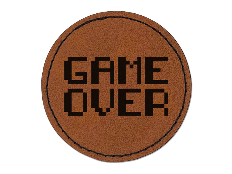 Pixel Video Game Over Text Round Iron-On Engraved Faux Leather Patch Applique - 2.5"