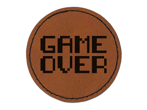 Pixel Video Game Over Text Round Iron-On Engraved Faux Leather Patch Applique - 2.5"