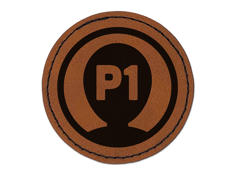 Player One Person Indicator Gaming Icon Round Iron-On Engraved Faux Leather Patch Applique - 2.5"