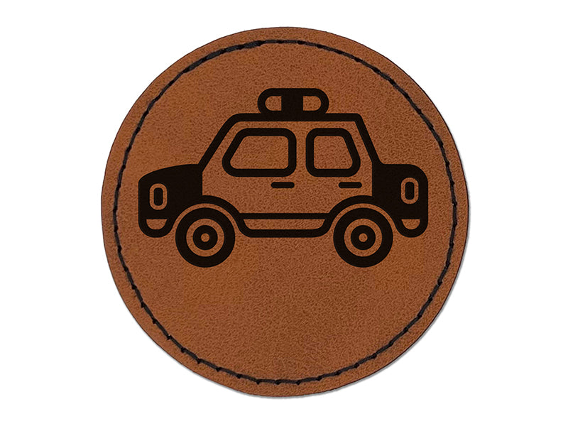 Police Cop Car Vehicle Automobile Round Iron-On Engraved Faux Leather Patch Applique - 2.5"