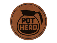 Pot Head Coffee Round Iron-On Engraved Faux Leather Patch Applique - 2.5"