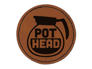 Pot Head Coffee Round Iron-On Engraved Faux Leather Patch Applique - 2.5"