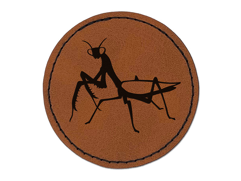 Praying Mantis Insect Round Iron-On Engraved Faux Leather Patch Applique - 2.5"