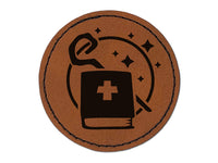 Priest Healer Cleric Tome and Staff Gaming Round Iron-On Engraved Faux Leather Patch Applique - 2.5"