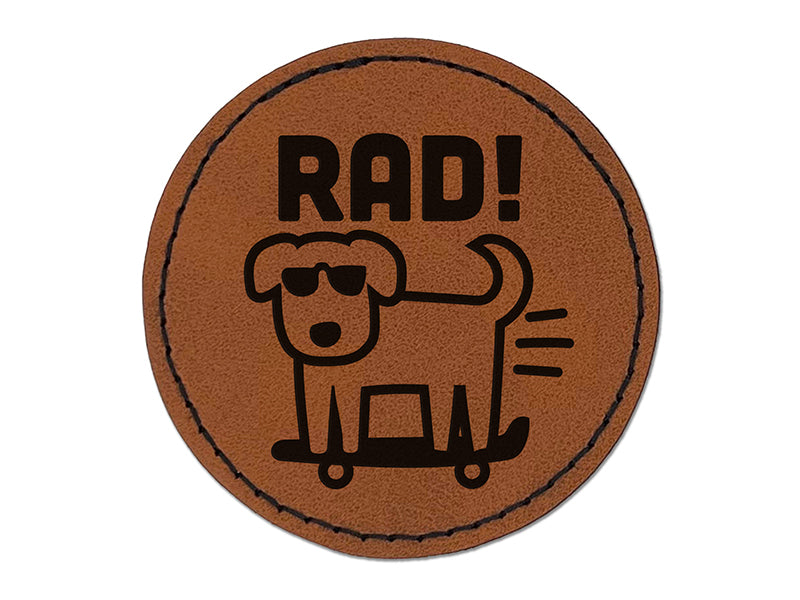 Rad Dog on a Skateboard Round Iron-On Engraved Faux Leather Patch Applique - 2.5"