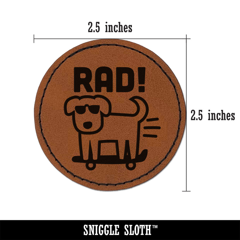 Rad Dog on a Skateboard Round Iron-On Engraved Faux Leather Patch Applique - 2.5"