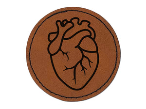 Realistic Human Heart Round Iron-On Engraved Faux Leather Patch Applique - 2.5"