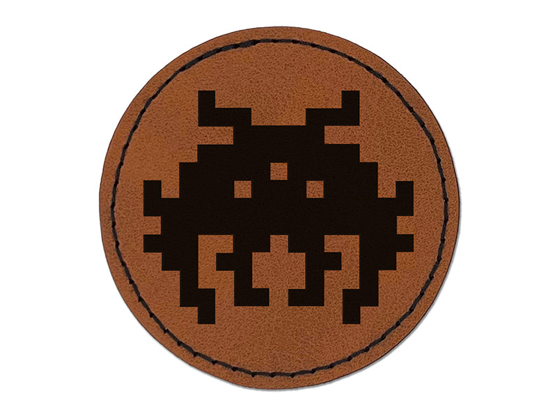 Retro Invaders from Space Bug Alien Round Iron-On Engraved Faux Leather Patch Applique - 2.5"