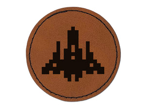 Retro Invaders from Space Rocket Ship Round Iron-On Engraved Faux Leather Patch Applique - 2.5"