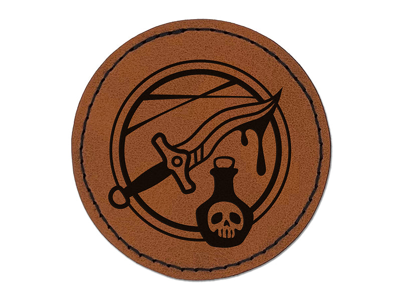 Rogue Poisoned Dagger Round Iron-On Engraved Faux Leather Patch Applique - 2.5"