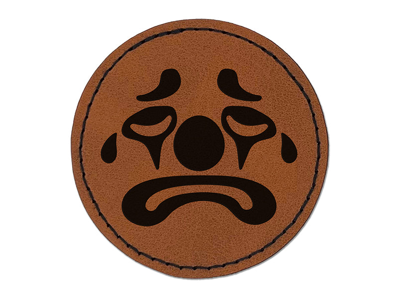 Sad Clown Face Round Iron-On Engraved Faux Leather Patch Applique - 2.5"