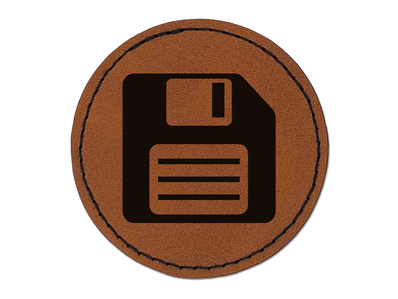 Save Icon Floppy Disk Round Iron-On Engraved Faux Leather Patch Applique - 2.5"