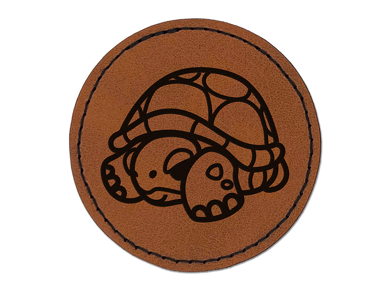 Shy Turtle Hiding in Shell Round Iron-On Engraved Faux Leather Patch Applique - 2.5"