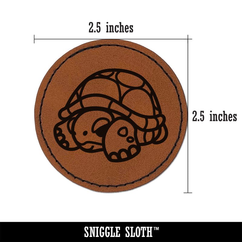 Shy Turtle Hiding in Shell Round Iron-On Engraved Faux Leather Patch Applique - 2.5"