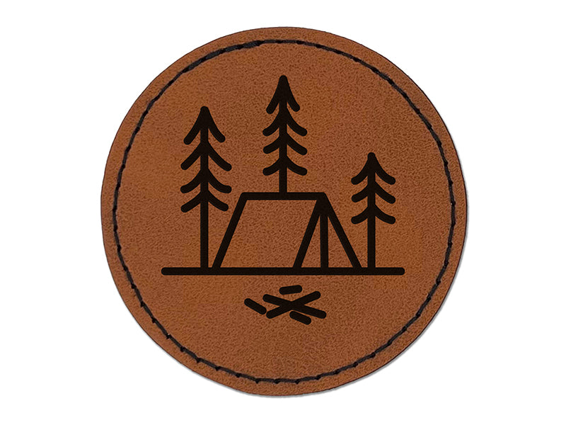 Simple Tent Camping in Woods Round Iron-On Engraved Faux Leather Patch Applique - 2.5"