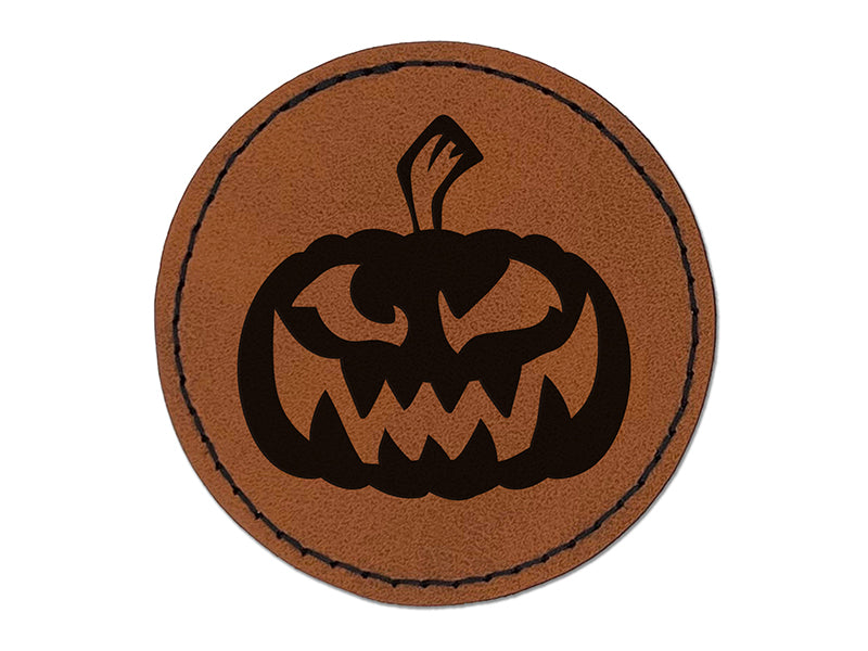 Sinister Halloween Jack-o'-lantern Pumpkin Round Iron-On Engraved Faux Leather Patch Applique - 2.5"