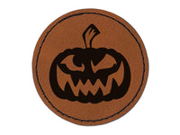 Sinister Halloween Jack-o'-lantern Pumpkin Round Iron-On Engraved Faux Leather Patch Applique - 2.5"