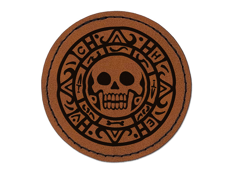Skull Pirate Coin Round Iron-On Engraved Faux Leather Patch Applique - 2.5"