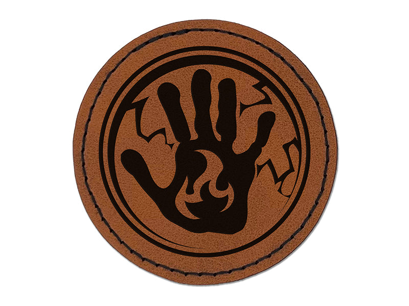 Sorcerer Elemental Fire Magic Round Iron-On Engraved Faux Leather Patch Applique - 2.5"