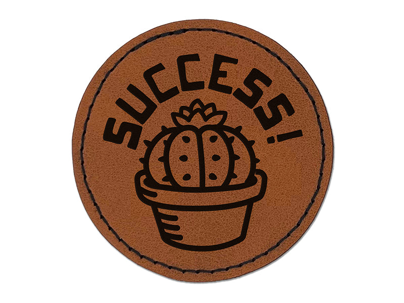 Succulent Success Cactus Round Iron-On Engraved Faux Leather Patch Applique - 2.5"