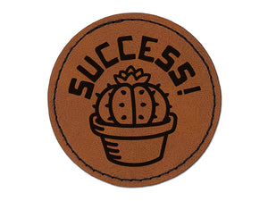 Succulent Success Cactus Round Iron-On Engraved Faux Leather Patch Applique - 2.5"