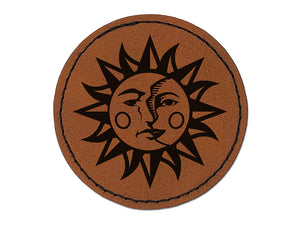 Sun and Moon Heraldic Faces Round Iron-On Engraved Faux Leather Patch Applique - 2.5"