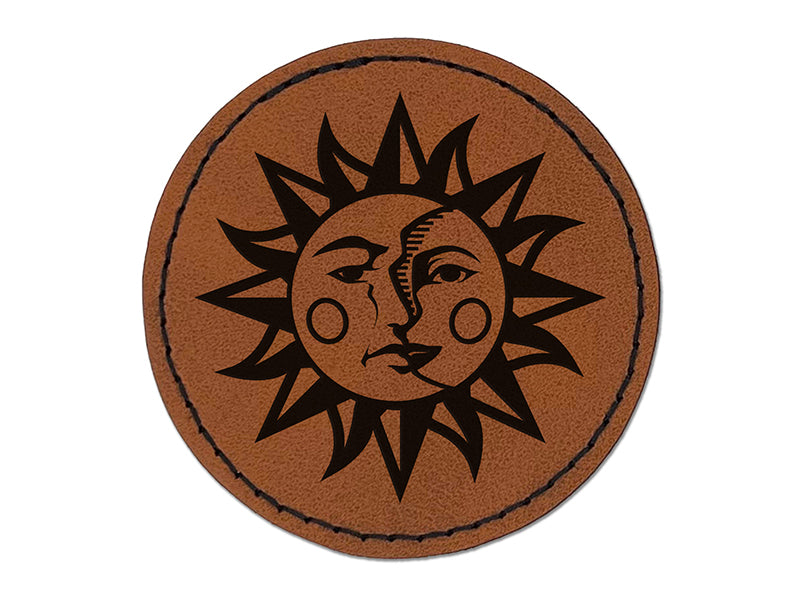 Sun and Moon Heraldic Faces Round Iron-On Engraved Faux Leather Patch Applique - 2.5"