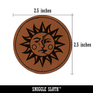 Sun and Moon Heraldic Faces Round Iron-On Engraved Faux Leather Patch Applique - 2.5"