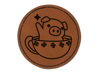 Teacup Pig Round Iron-On Engraved Faux Leather Patch Applique - 2.5"