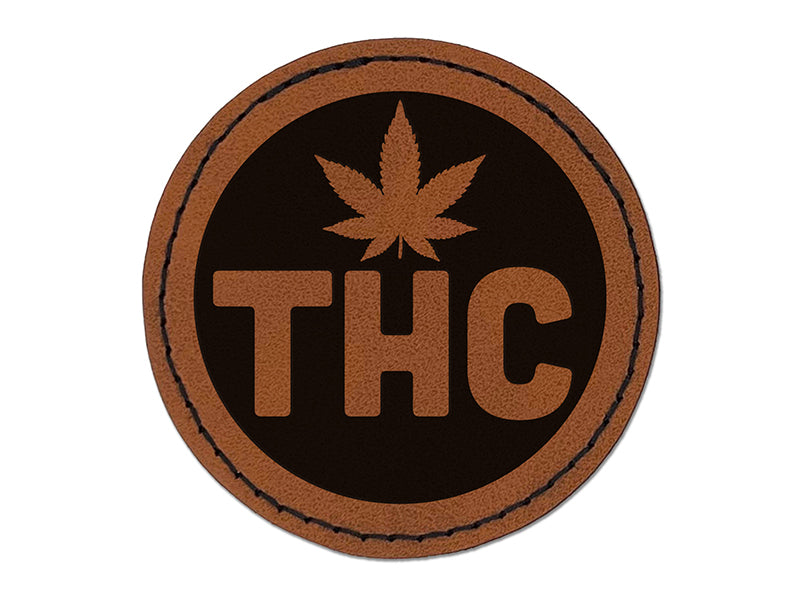 THC Marijuana Leaf Circle Round Iron-On Engraved Faux Leather Patch Applique - 2.5"