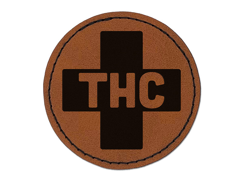 THC Medicinal Marijuana Medical Cross Round Iron-On Engraved Faux Leather Patch Applique - 2.5"