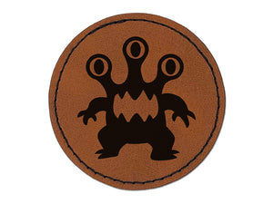 Three Eyed Alien Monster Round Iron-On Engraved Faux Leather Patch Applique - 2.5"