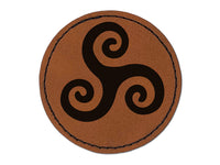 Triskele Triskelion Triple Spiral Celtic Symbol Round Iron-On Engraved Faux Leather Patch Applique - 2.5"