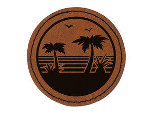 Tropical Beach with Palm Trees Round Iron-On Engraved Faux Leather Patch Applique - 2.5"