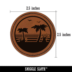 Tropical Beach with Palm Trees Round Iron-On Engraved Faux Leather Patch Applique - 2.5"