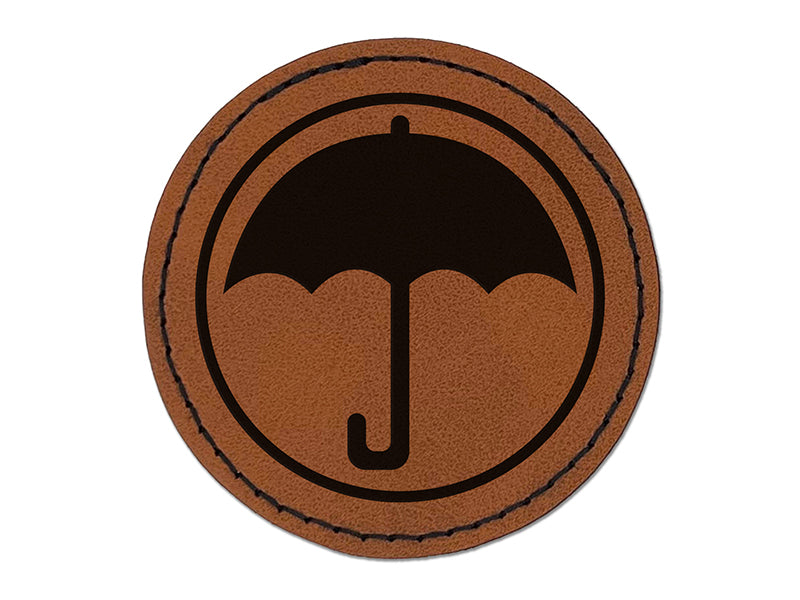 Umbrella Keep Dry Icon Round Iron-On Engraved Faux Leather Patch Applique - 2.5"