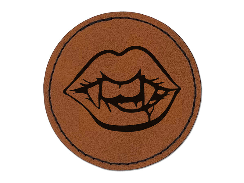Vampire Lips and Teeth Halloween Round Iron-On Engraved Faux Leather Patch Applique - 2.5"