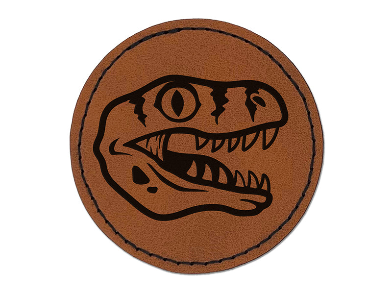 Velociraptor Dinosaur Head Round Iron-On Engraved Faux Leather Patch Applique - 2.5"