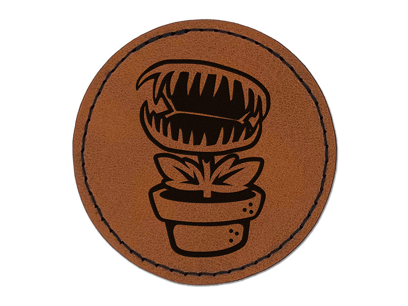 Venus Fly Trap Carnivorous Plant Round Iron-On Engraved Faux Leather Patch Applique - 2.5"