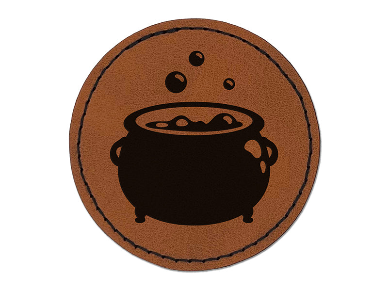 Witch's Bubbling Cauldron Pot Halloween Round Iron-On Engraved Faux Leather Patch Applique - 2.5"