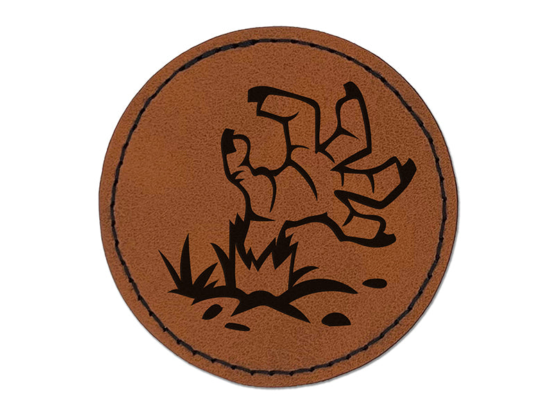 Zombie Hand Popping Out of Ground Halloween Round Iron-On Engraved Faux Leather Patch Applique - 2.5"