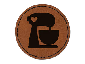 Baking Mixer with Heart Baker Round Iron-On Engraved Faux Leather Patch Applique - 2.5"