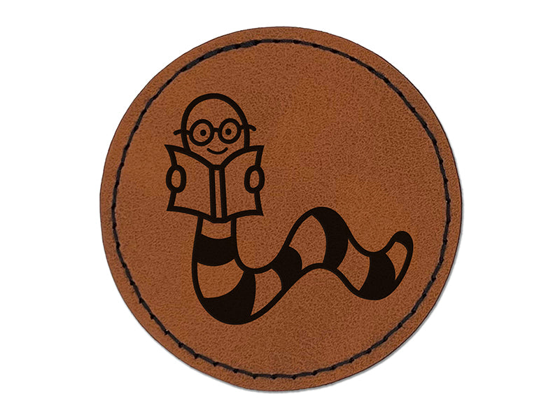 Book Worm Reading Round Iron-On Engraved Faux Leather Patch Applique - 2.5"