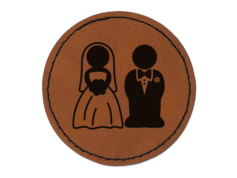 Bride and Groom Wedding Round Iron-On Engraved Faux Leather Patch Applique - 2.5"