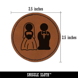 Bride and Groom Wedding Round Iron-On Engraved Faux Leather Patch Applique - 2.5"